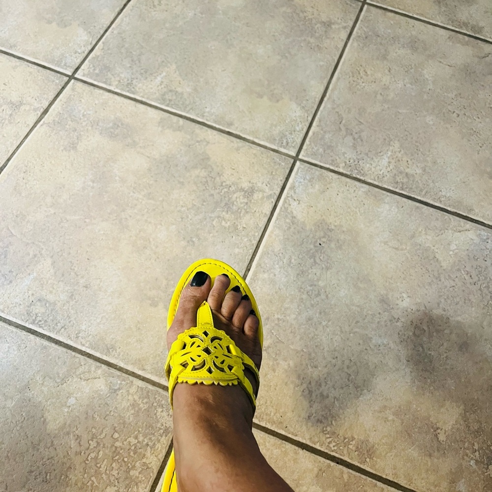 Yellow Laser-Cut Leather Thong Sandals